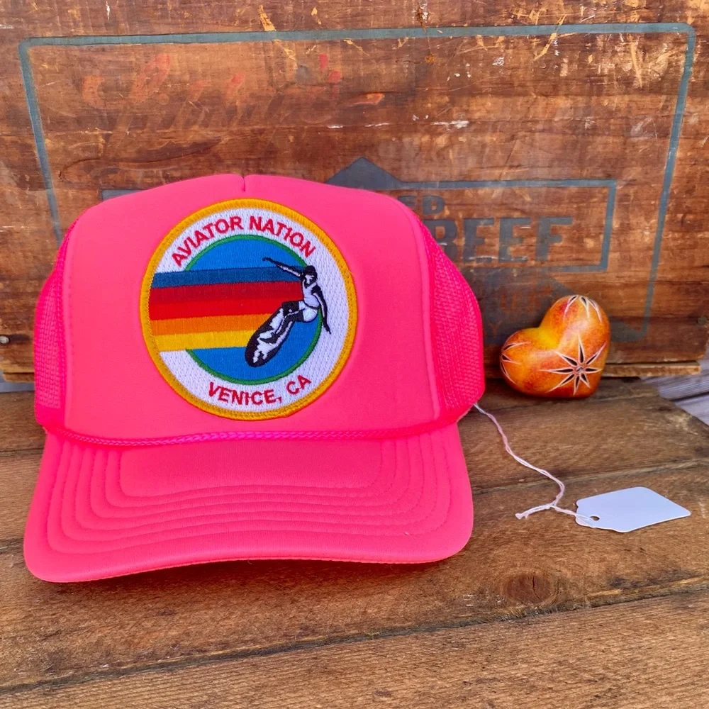 🆕✨AVIATOR NATION NEON PINK WITH VENICE LOGO PATCH MESH TRUCKER HAT O/S NWT - Picture 6 of 6
